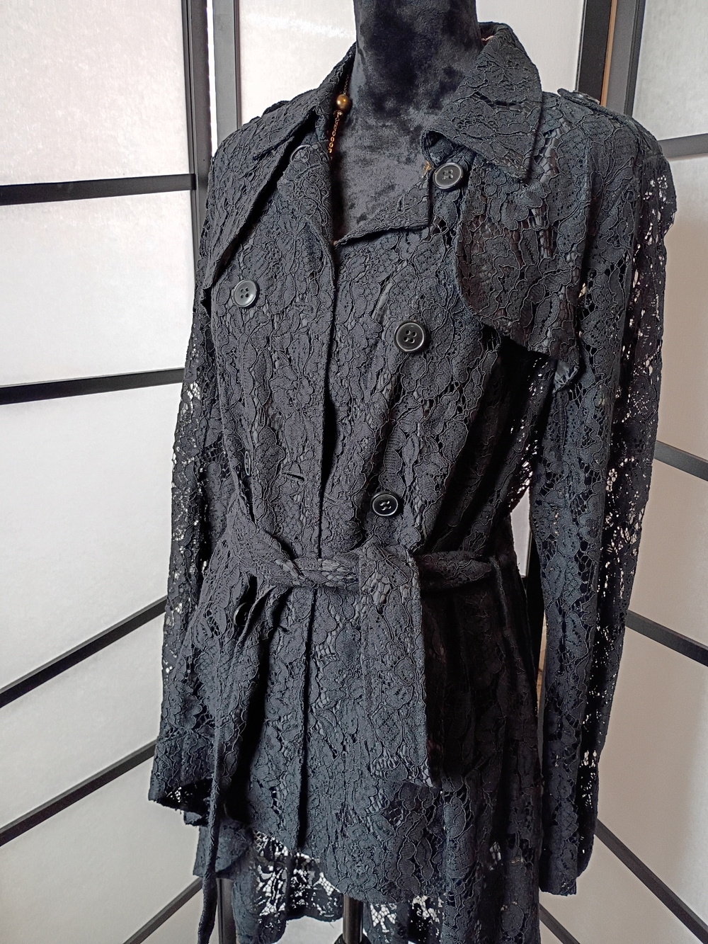 Black Lace Belted Trench Coat - Picture 3 of 8